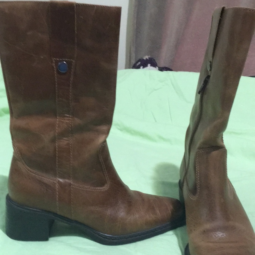 Brown mid calf leather boots